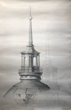 Coupole — dessin d'élève architecte — mine de plomb et aquarelle — 124 x 84 cm.