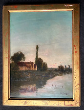 Henri Jacques DELPY "Barque en rivière au couchant" huile panneau XIXe Barbizon