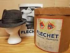 Chapeau Fedora taille 7 1/8 FLECHET bruyère vintage gris français avec boite et publicité 1937