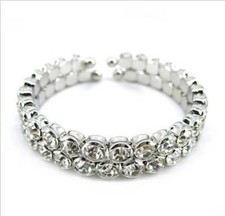 BRACELET flexible CRISTAUX SWAROVSKI PLAQUE OR BLANC double rangs  VINTAGE BR78