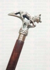 Bâton de marche en bois style canne vintage tête de renard manche métal ancie...