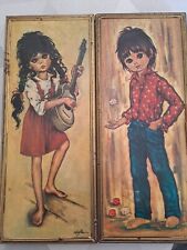 Vintage Wooden Pictures Idylle Falconi Jolylle Big Eyed Children Boys Girl Italy