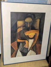 Tableau Superbe Huile portrait Cubiste Femme à l'éventail.