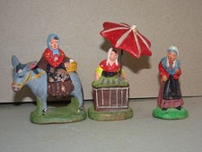 5 cm Lot santon ancien ane marchande poisson poissonnière parapluie rouge crèche