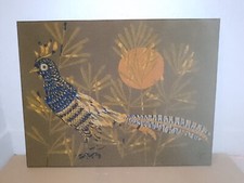 Faisan bleu Cubiste Tapisserie Laine Artiste René Fumeron Tableau vintage 1970's