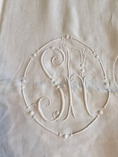 Ancien drap en fil monogramme SA jours  drap 06 ref 906