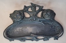 ancien encrier art nouveau regule, etain vert fleurs jugendstil 1900 