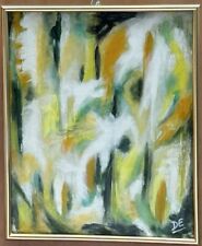 Peinture Tableau Sur Toile Fantaisie en vert et jaun 24 X 30 Cm Cadre Doré Signé