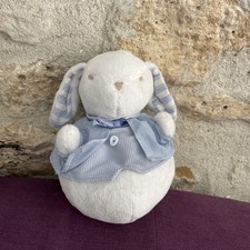 DOUDOU BOULE Culbuto JACADI PARIS LAPIN CHEMISE GILET BLEU BLANC 19cm