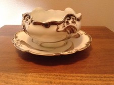 JPL France Antique White And Gold Gravy Sauce Bowl With Attached Plate
