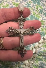 French Antique Mother of Pearl Filigree Sterling Silver Rosary Hand Made 24”