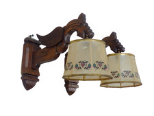 Vintage PAIR French Carved Wood Gothic Chimera Wall Light Sconce Gargoye Shades
