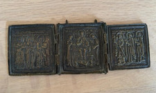 Ancien Petit Triptyque de voyage, religieux en Bronze Icône Russie (?)