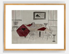 Andrée SAUNIER (1925-2015) Belle peinture scène d'intérieur design 1960 (3)