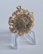 Broche Pendentif Porte Pièce Or 18K 5 Dollars 1886 Liberty Or 22K XXème Siècle