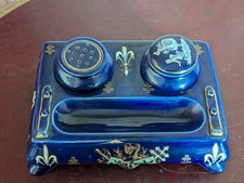 Ancien Encrier En Faïence Bleu Fleurs De Lys