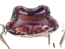 VIDE-POCHE ITALIEN VINTAGE 1960 VERRE bullé bords roulés de MURANO MAUVE VIOLET