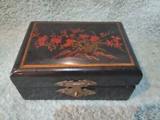 Ancienne boîte bijoux décor Floral Laqué Asiatique Miroir Intérieur Velour Rouge