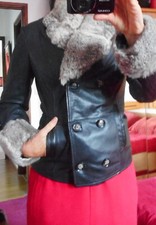 Très belle veste en cuir noir 3 SUISSES col et poignets gris