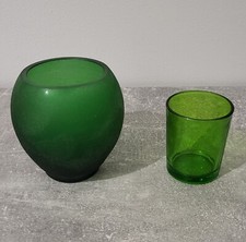 Petit Vase en Verre Granité Vert et Petit Verre Vert Dillon Ancien Vintage 