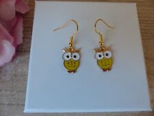 Boucles d'Oreilles Chouette Hibou Jaune Fait Main Métal Doré - Bijoux des Lys