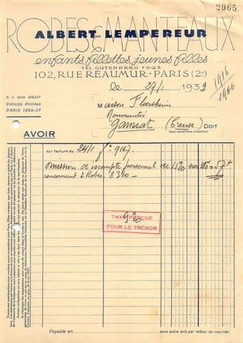 Facture 1939 robes et - 1939,