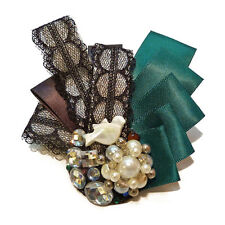 Broche ruban dentelle satin Noire Vert perles imit. culture strass oiseau nacre
