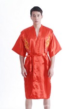 Peignoir Brodé de Dragon Homme Ceinturé en Satin RougeTailles au choix