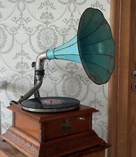 Phonographe PathéPhone N°4 • Gramophone ancien pavillon • Boîte bois sculpté TBE