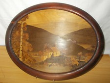 Ancien Tableau marqueterie cadre bois ovale signé E. MAURER paysage ALSACE
