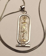 Collier chaine Pendentif Cartouche Égyptien En Argent Massif Et Or Jaune BJ4# H5