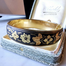 Bracelet Vintage Damasquiné Or 24k Sur Acier Bruni Or De Tolède Diamètre 60 mm