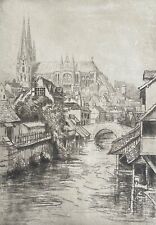 Chartres vue sur l 'Eure et cathédrale par Charles Pinet sous pseudonyme c 1925