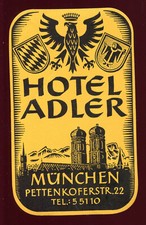 ancienne vignette malle cabine publicité " Hôtel Adler à München" Allemagne