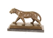 9973356-ds Figurine Bronze Sculpture Lionne Lion Chat Base de Pierre 12x24x15cm