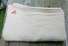 ancien drap de milieu en chanvre écru 232 X 196 cm monogrammé M en rouge