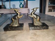 paire serre livres Gazelle Antilope régule patine doré socle en marbre Noir 