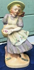 Vtg Ceramic Figurine Colonial Girl Women Dress Apron Hat Fruit Apple Basket Log