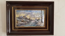 Peinture sur cuivre Emaux Limoges Paysage miniature Campagne Hiver