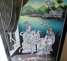 DECORATION TABLEAU ASIATIQUE SUR BOIS LAQUE POLYCHROME NACRE   ASIAN DECORATION 