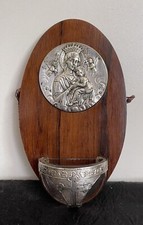 Ancien Bénitier sur Ébène Macassar Métal Argenté Vierge À L’Enfant, signé