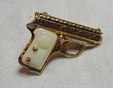 ANCIEN BIJOU BROCHE Revolver Pistolet Or de Tolede Celluloid Beige TOLEDO # K1