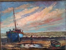 TABLEAU XX EME HST MARINE BATEAU BORD DE MER COUCHER DE SOLEIL SIGNE LOROTTE