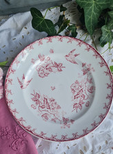 ANCIENNE ASSIETTE PLATE TERRE DE FER AUBEPINE ROSE DECOR OISEAU