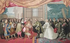 ÎLE des FAISANS: Entrevue de LOUIS XIV & de PHILIPPE IV - Chromolithographie 19e