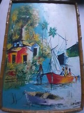 Tableau huile sur panneau Paysage  Africain avec  ses personnages et voiliers