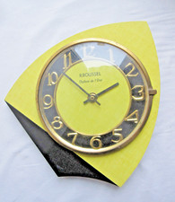 Pendule murale à pile, formica 1960, R. ROUSSEL Déposé, horloge Art Déco