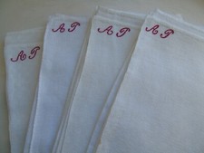 French set of 4 white cotton table linens "A T" red  monogram antique vintage