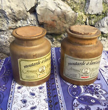 2 French vintage Mustard pots Stoneware Dijon Brown Crock pottery jars