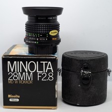 Objectif Grand Angle MINOLTA MD W.ROKKOR 28mm f/2,8 + HOUSSE/BOITE/HOOD/FILTRE